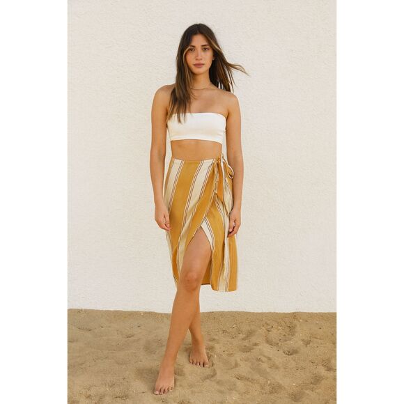 FAITHFULL THE BRAND Brown White Stripe Wrap Silk Midi Skirt   Women's Size 4 - Picture 1 of 8